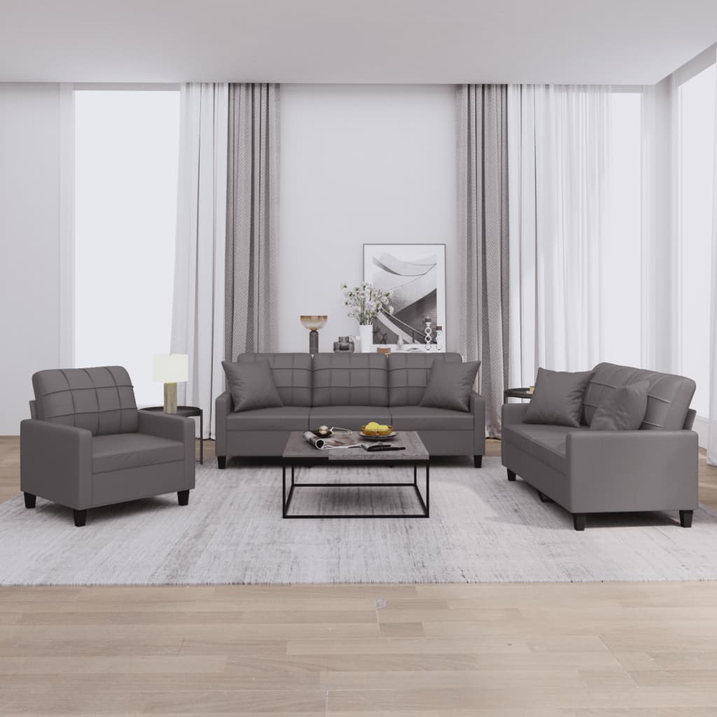 3 Pcs conjunto de sofás com almofadas couro artificial cinzento