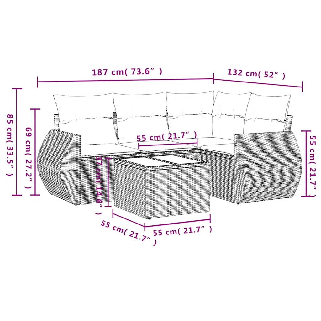 5 Pcs conjunto sofás de jardim com almofadões vime PE preto