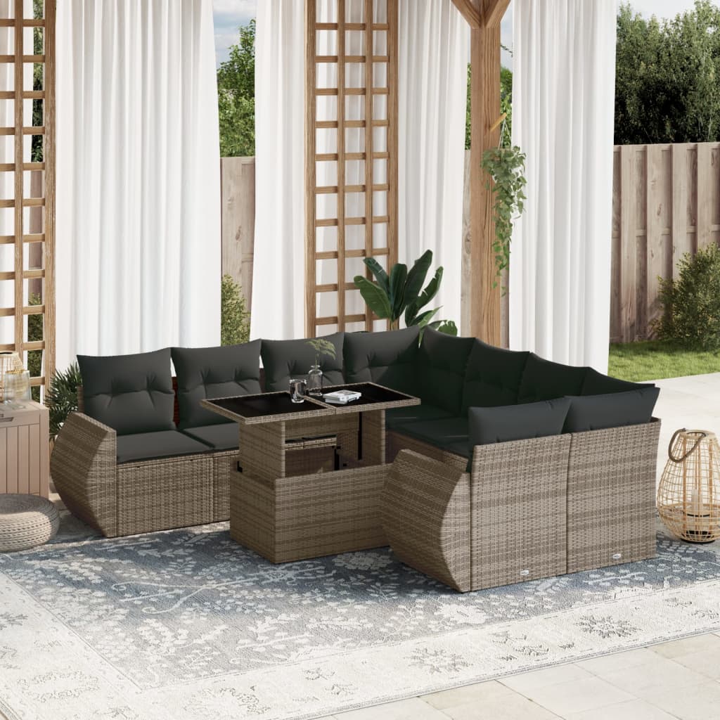 9 Pcs conjunto sofás p/ jardim com almofadões vime PE cinzento
