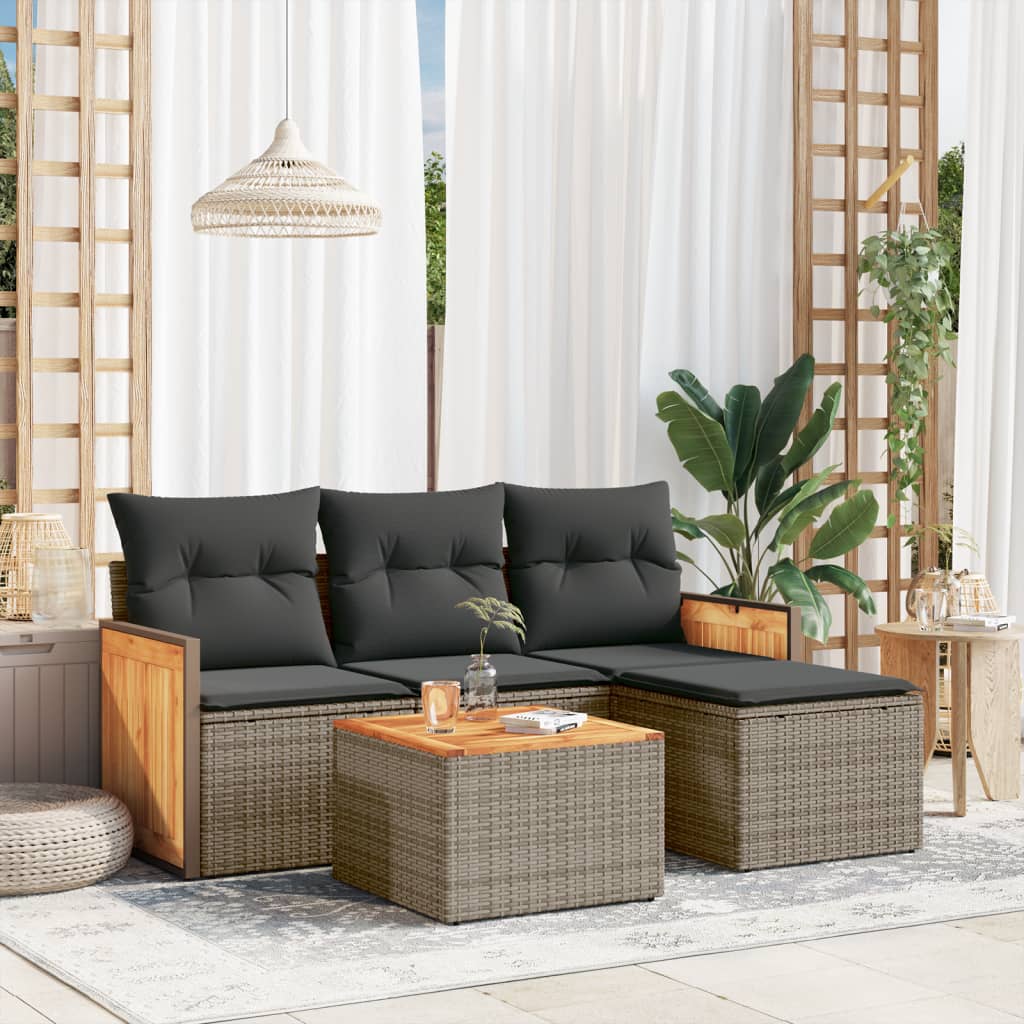 5 Pcs conjunto sofás de jardim c/ almofadões vime PE cinzento