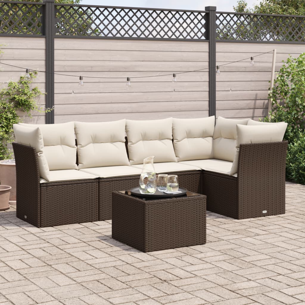 6 Pcs conjunto de sofás jardim c/ almofadões vime PE castanho