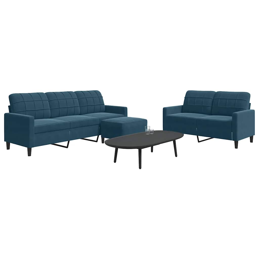 3 Pcs conjunto de sofás com almofadões veludo azul