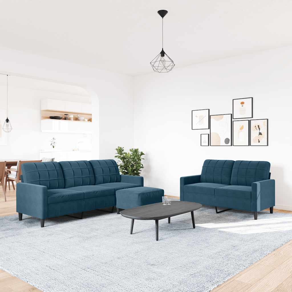 3 Pcs conjunto de sofás com almofadões veludo azul
