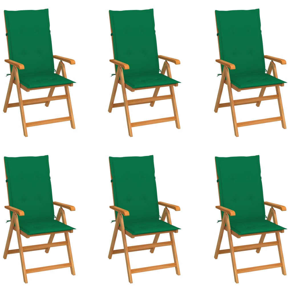 Cadeiras de jardim c/ almofadões verdes 6 pcs teca maciça