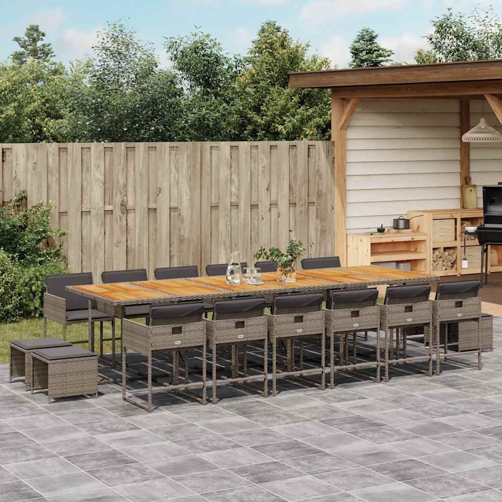 17 Pcs conj. de jantar p/ jardim c/ almofadões vime PE cinzento
