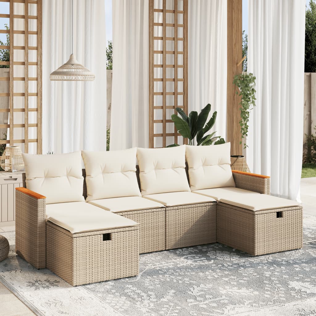 6 Pcs conjunto de sofás p/ jardim com almofadões vime PE bege