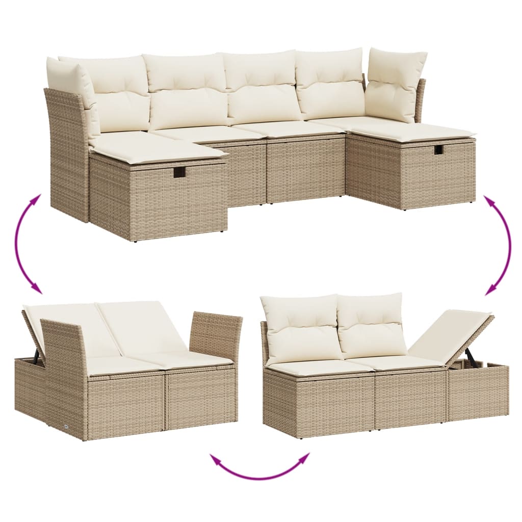 6 Pcs conjunto de sofás p/ jardim com almofadões vime PE bege