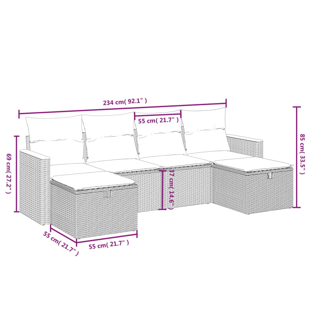 6 Pcs conjunto de sofás p/ jardim com almofadões vime PE bege