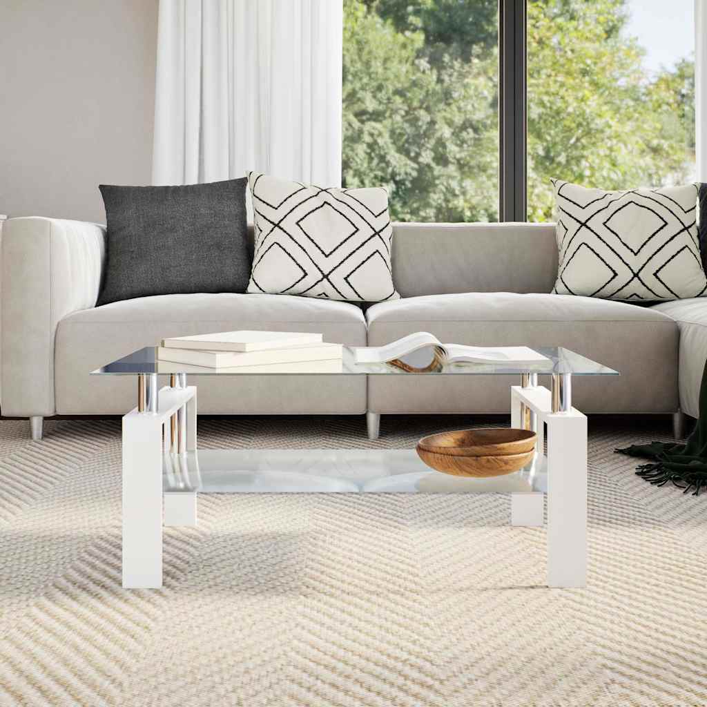 Mesa de centro 95x55x40 cm branco vidro temperado transparente