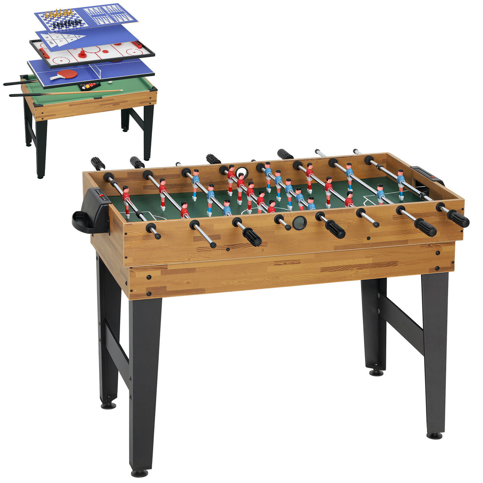 Mesa multijogos 13 em 1 mesa de jogo com matraquilho bilhar ping-pong hóquei xadrez damas backgammon e acessórios 121x109x80 cm madeira e preto