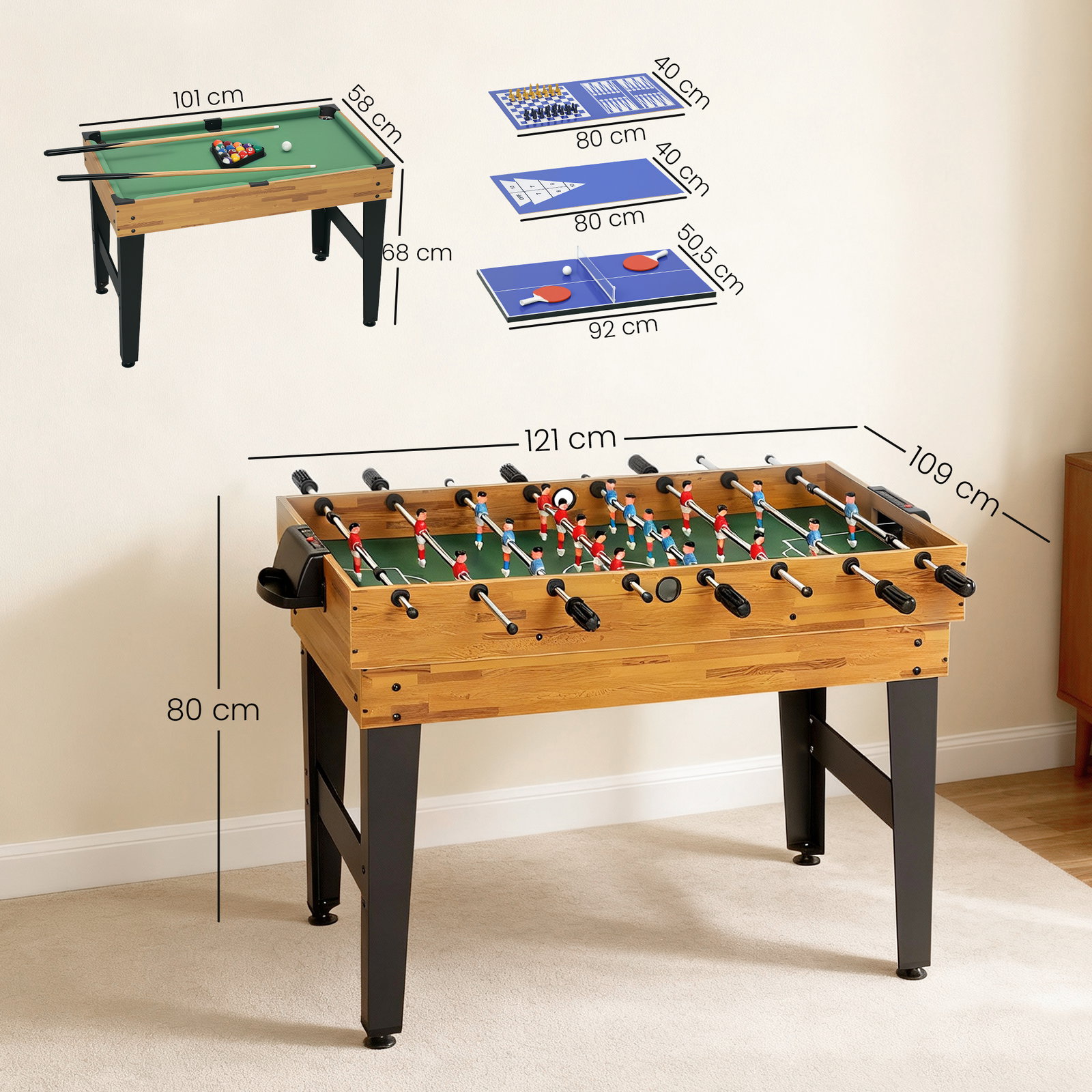 Mesa multijogos 13 em 1 mesa de jogo com matraquilho bilhar ping-pong hóquei xadrez damas backgammon e acessórios 121x109x80 cm madeira e preto