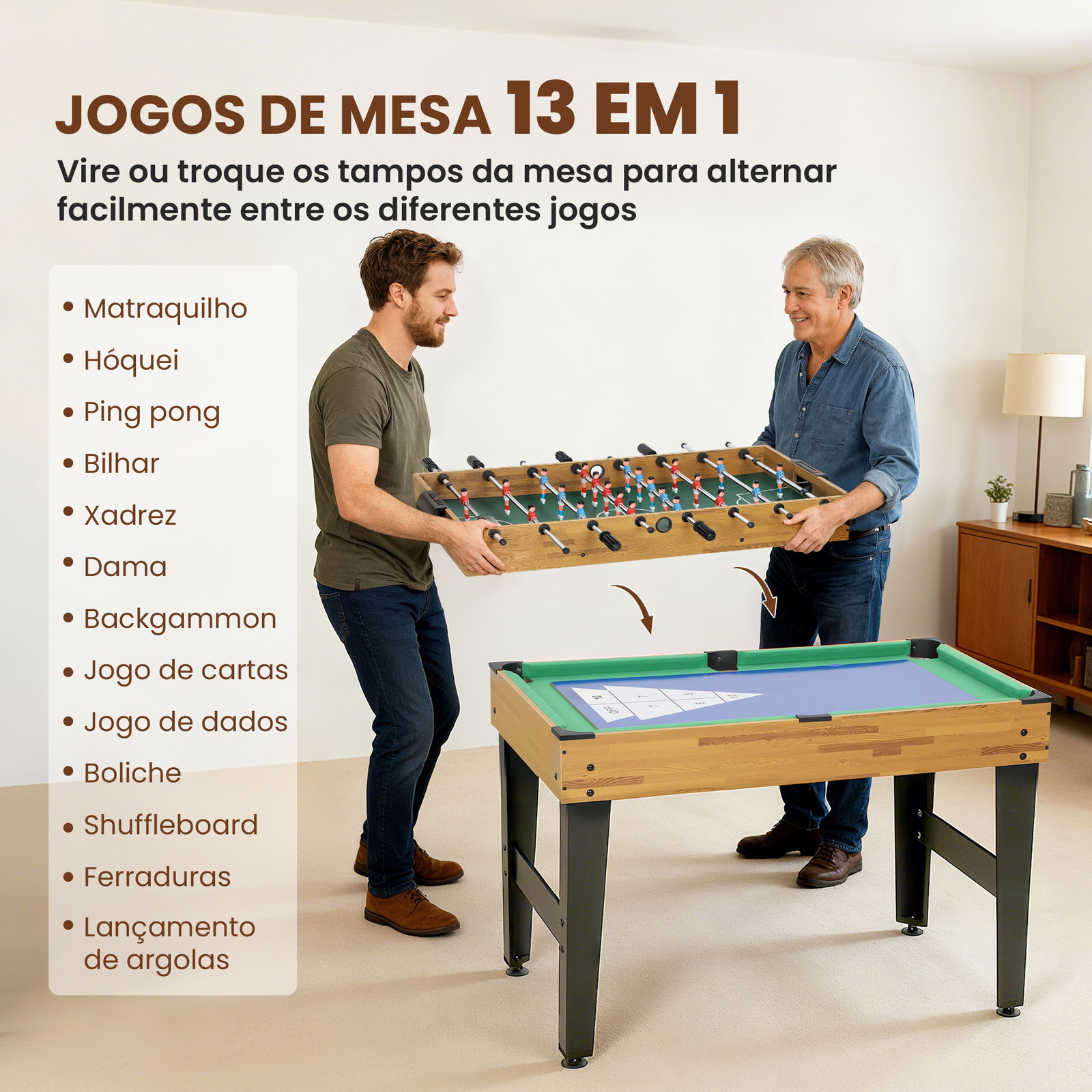 Mesa multijogos 13 em 1 mesa de jogo com matraquilho bilhar ping-pong hóquei xadrez damas backgammon e acessórios 121x109x80 cm madeira e preto