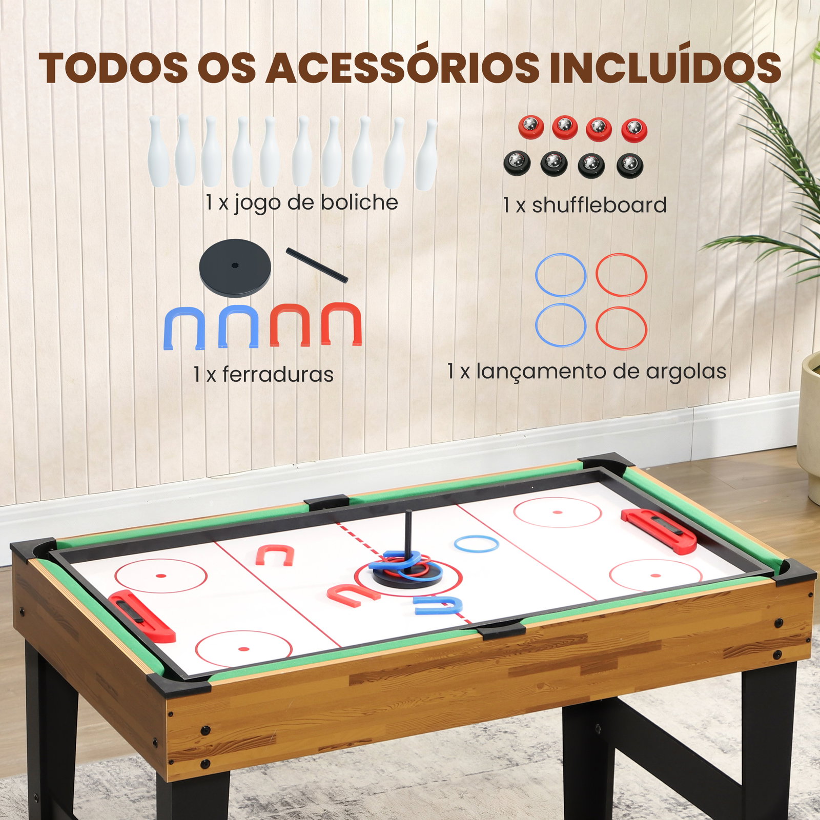 Mesa multijogos 13 em 1 mesa de jogo com matraquilho bilhar ping-pong hóquei xadrez damas backgammon e acessórios 121x109x80 cm madeira e preto