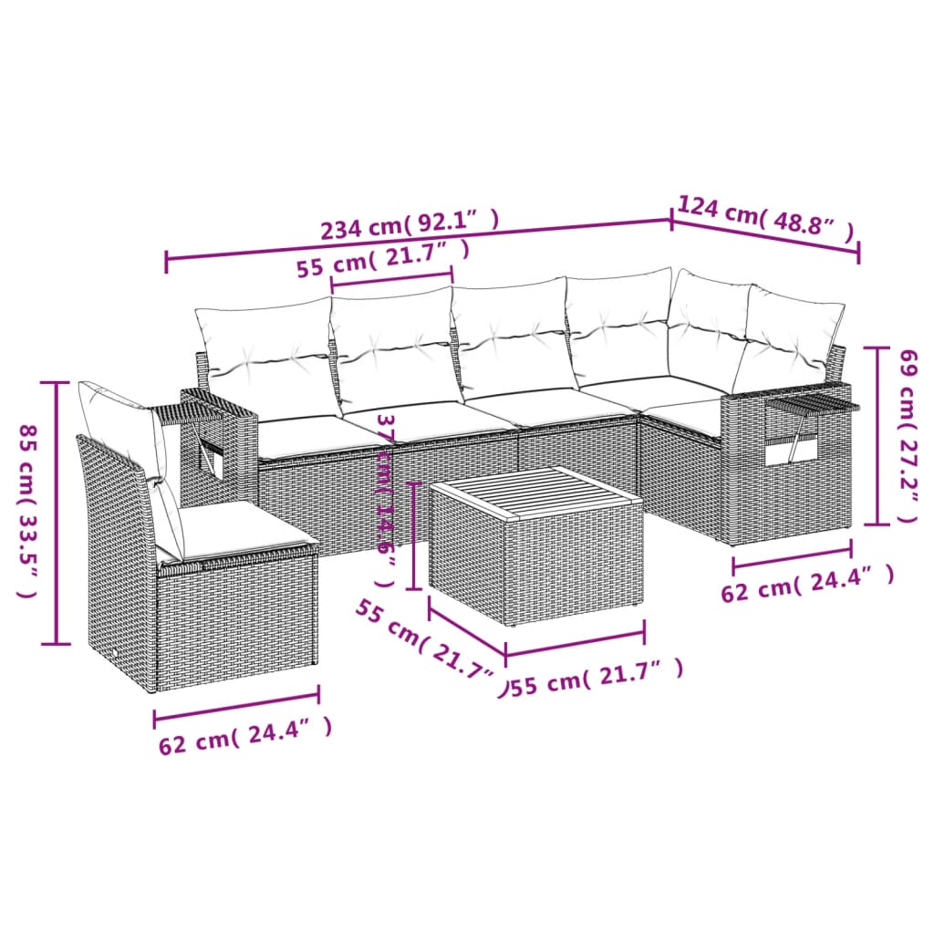 7 Pcs conjunto de sofás p/ jardim com almofadões vime PE bege