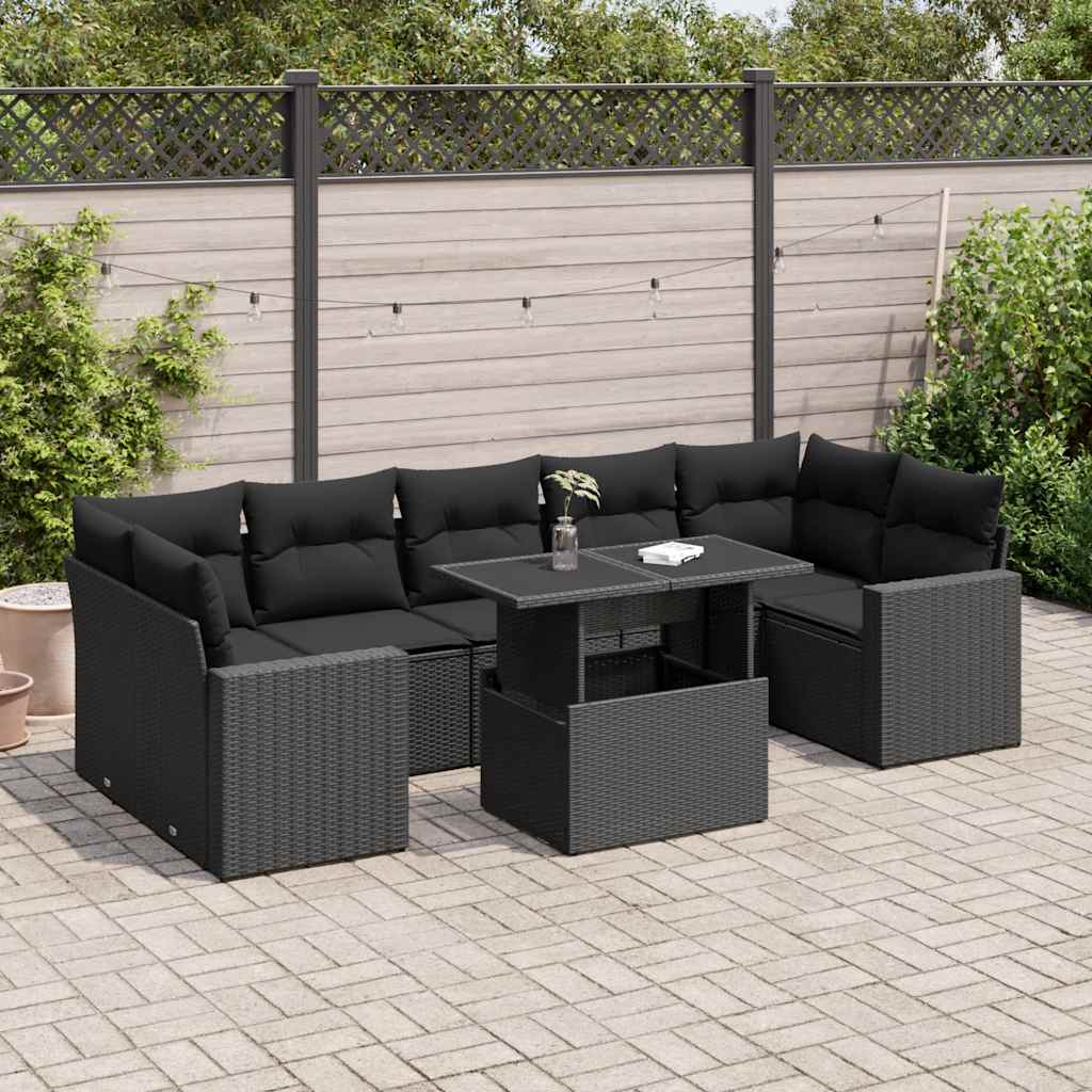 8 Pcs conjunto sofás de jardim com almofadões vime PE preto
