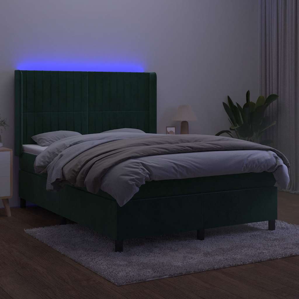 Cama box spring c/ colchão/LED 140x200 cm veludo verde-escuro