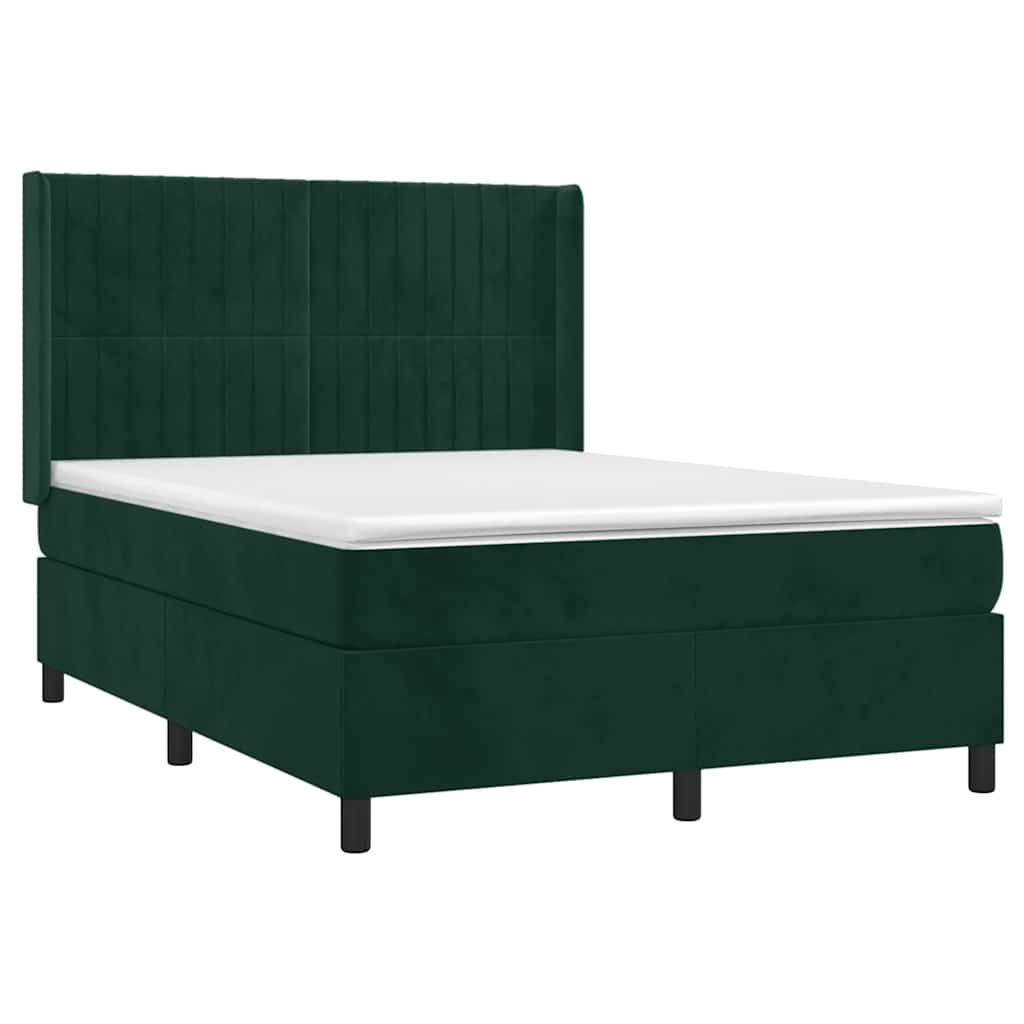 Cama box spring c/ colchão/LED 140x200 cm veludo verde-escuro