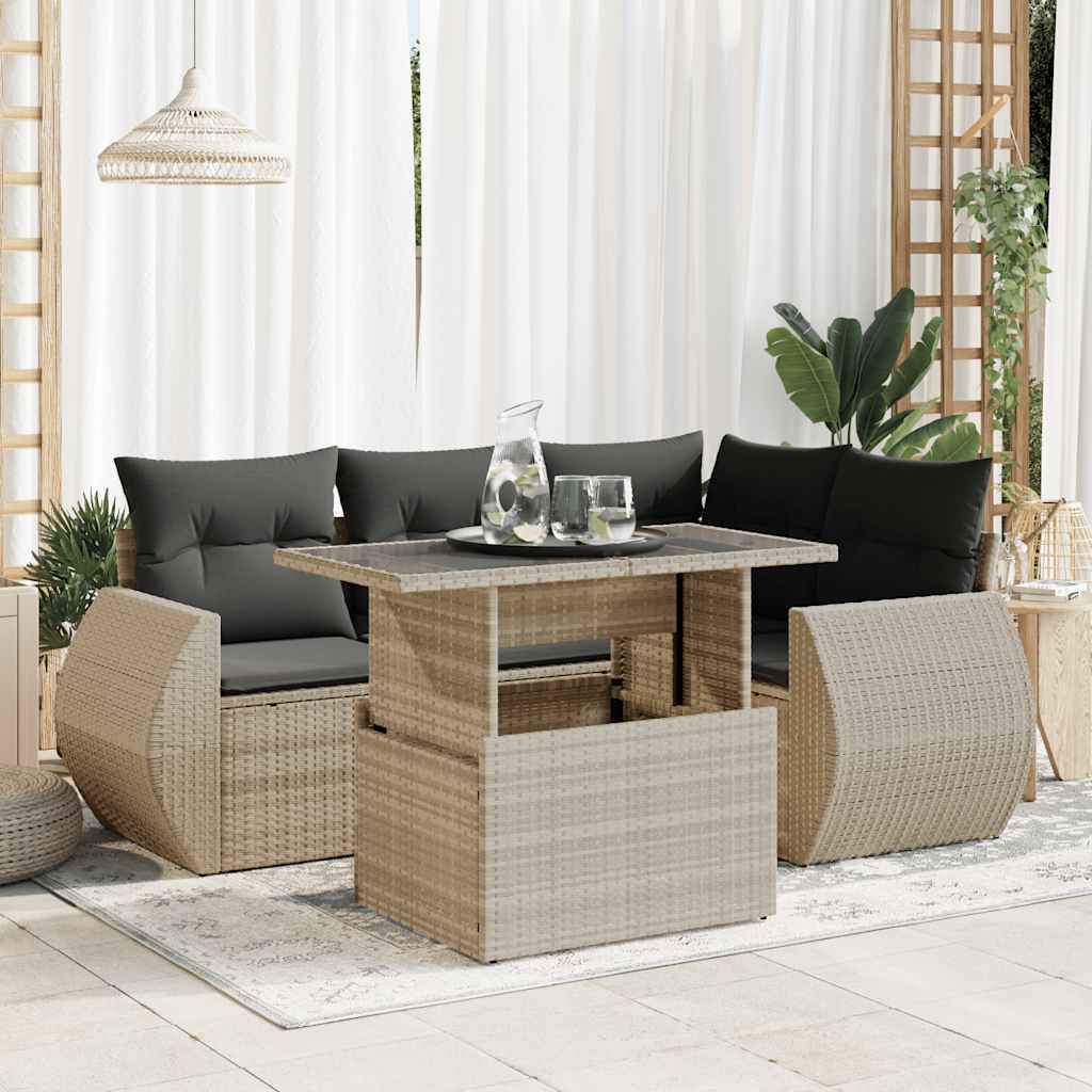5 Pcs conj. sofás jardim c/ almofadões vime PE cinzento-claro