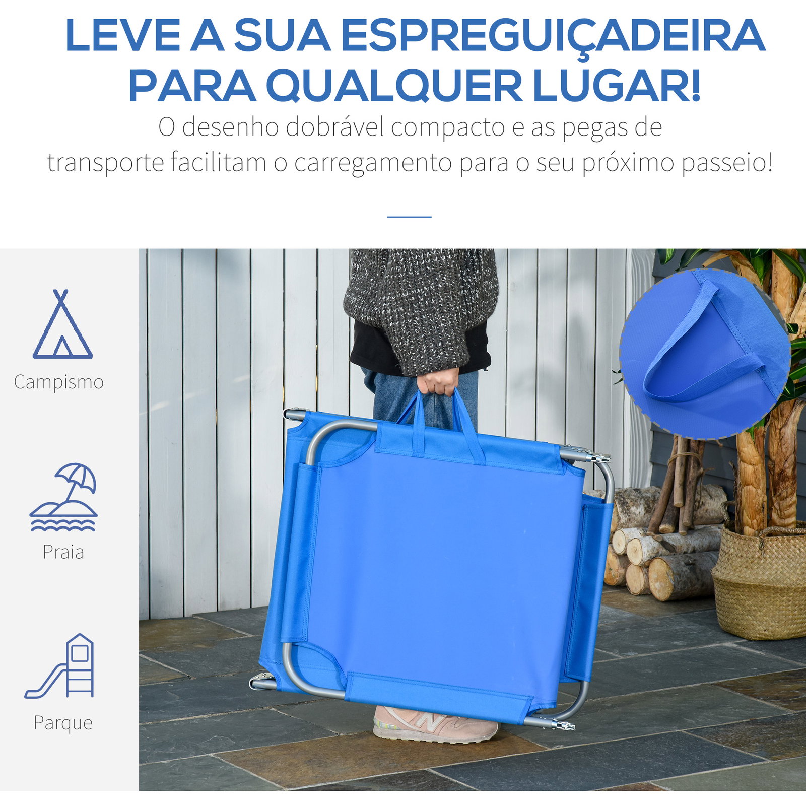Espreguiçadeira dobrável espreguiçadeira de jardim com encosto ajustável em 5 posições para terraço 187x55x24 cm azul