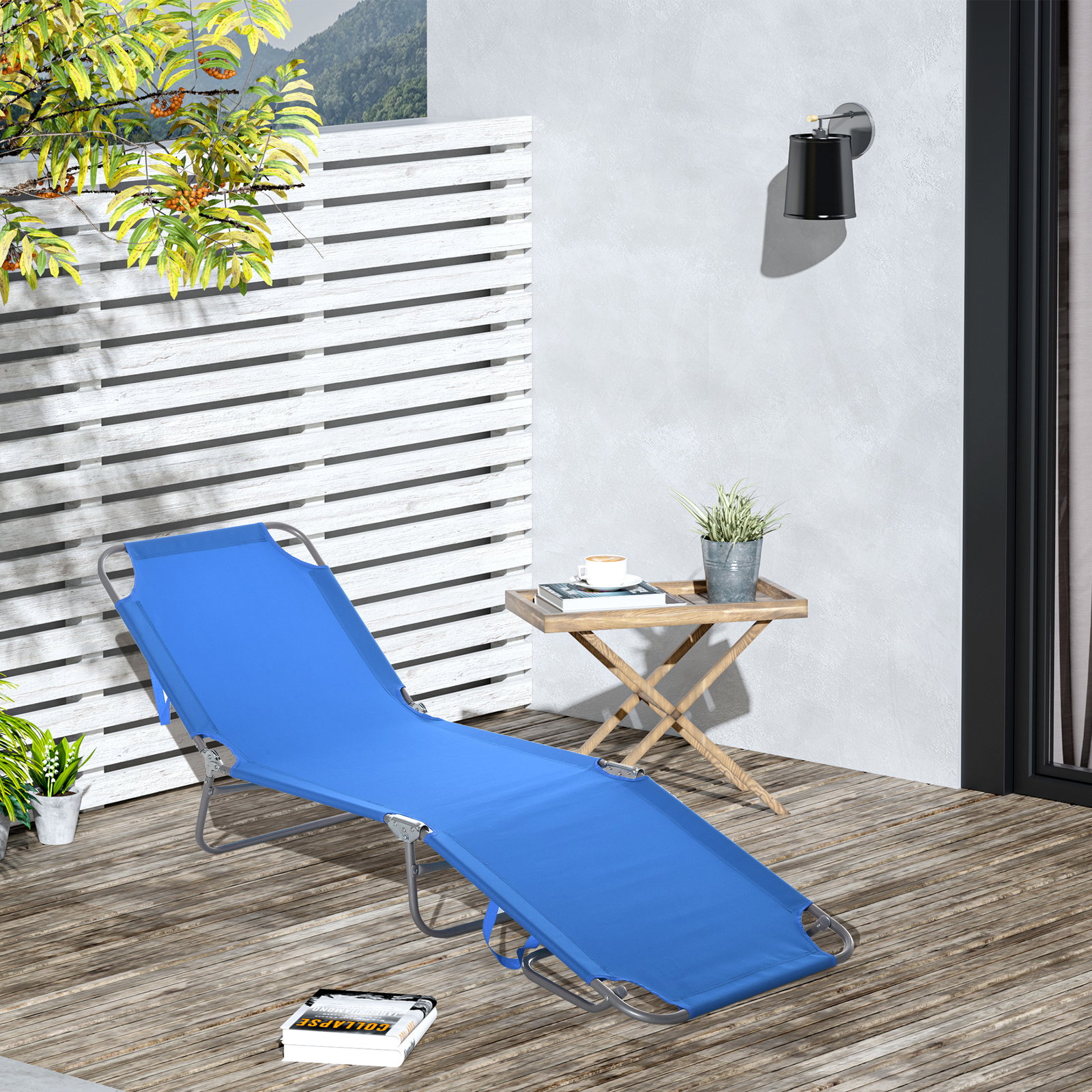 Espreguiçadeira dobrável espreguiçadeira de jardim com encosto ajustável em 5 posições para terraço 187x55x24 cm azul