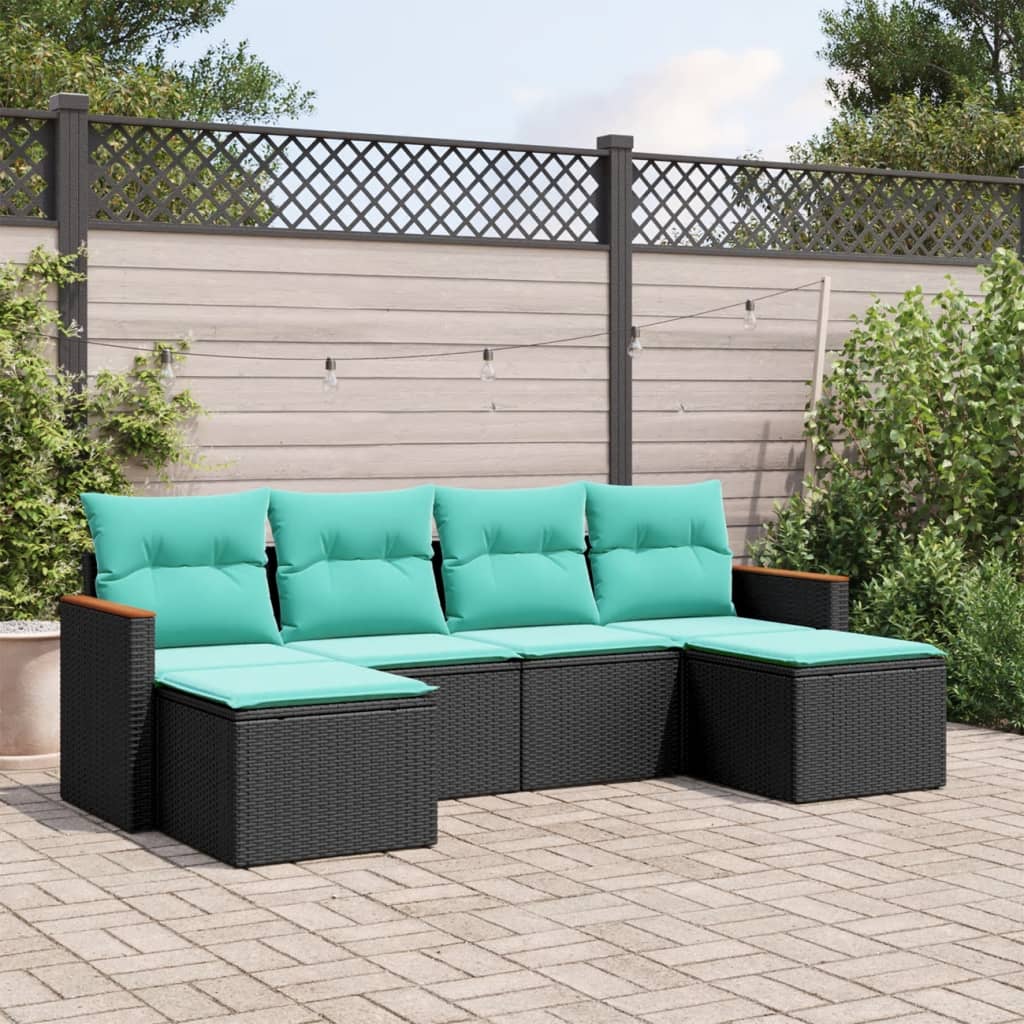 Conjunto de sofá de jardim com 6 peças e almofadas em rattan sintético preto