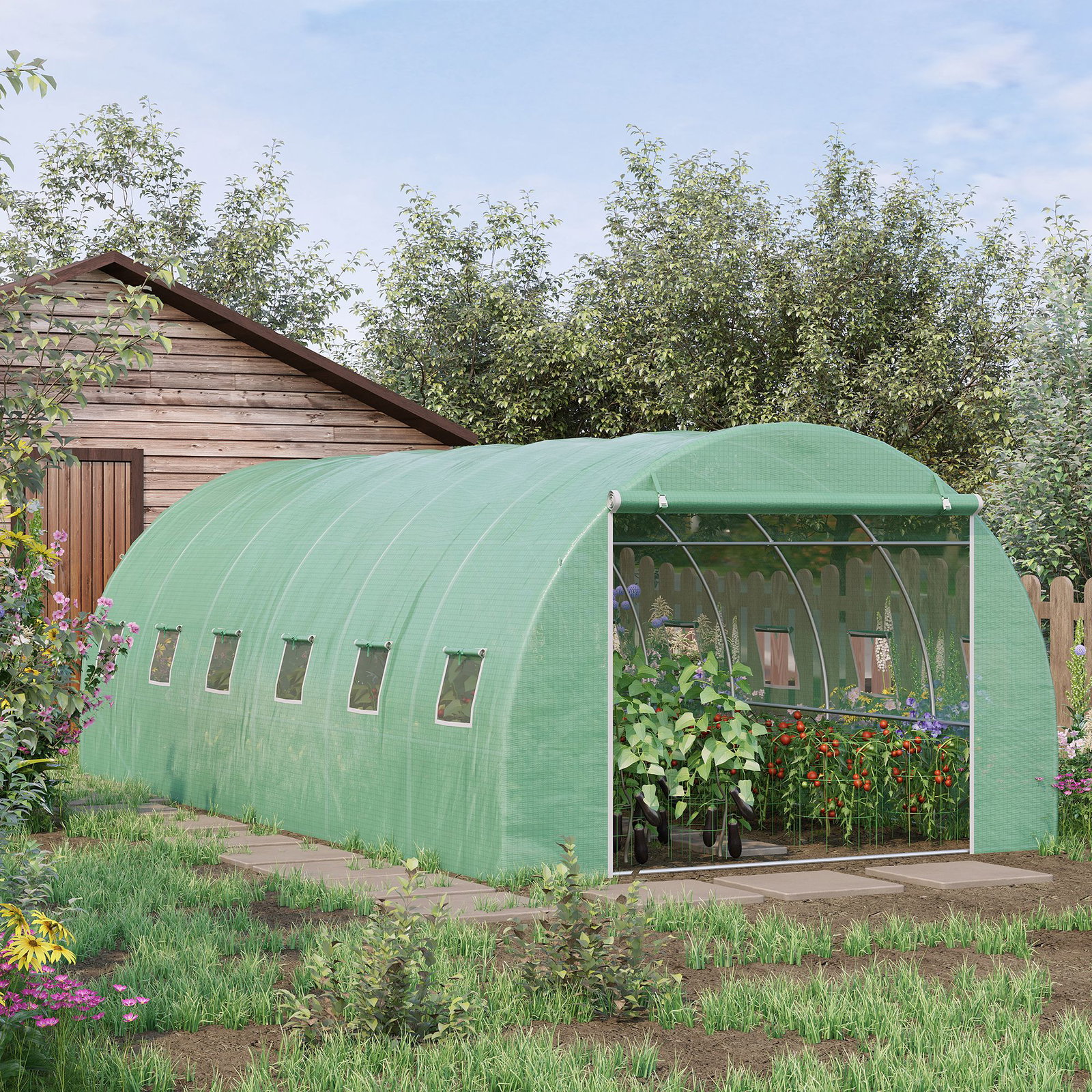 Estufa Tipo Túnel 600x300x200 cm com Porta 12 Janelas Cobertura de PE 140g/㎡ para Cultivo de Plantas e Verduras Verde