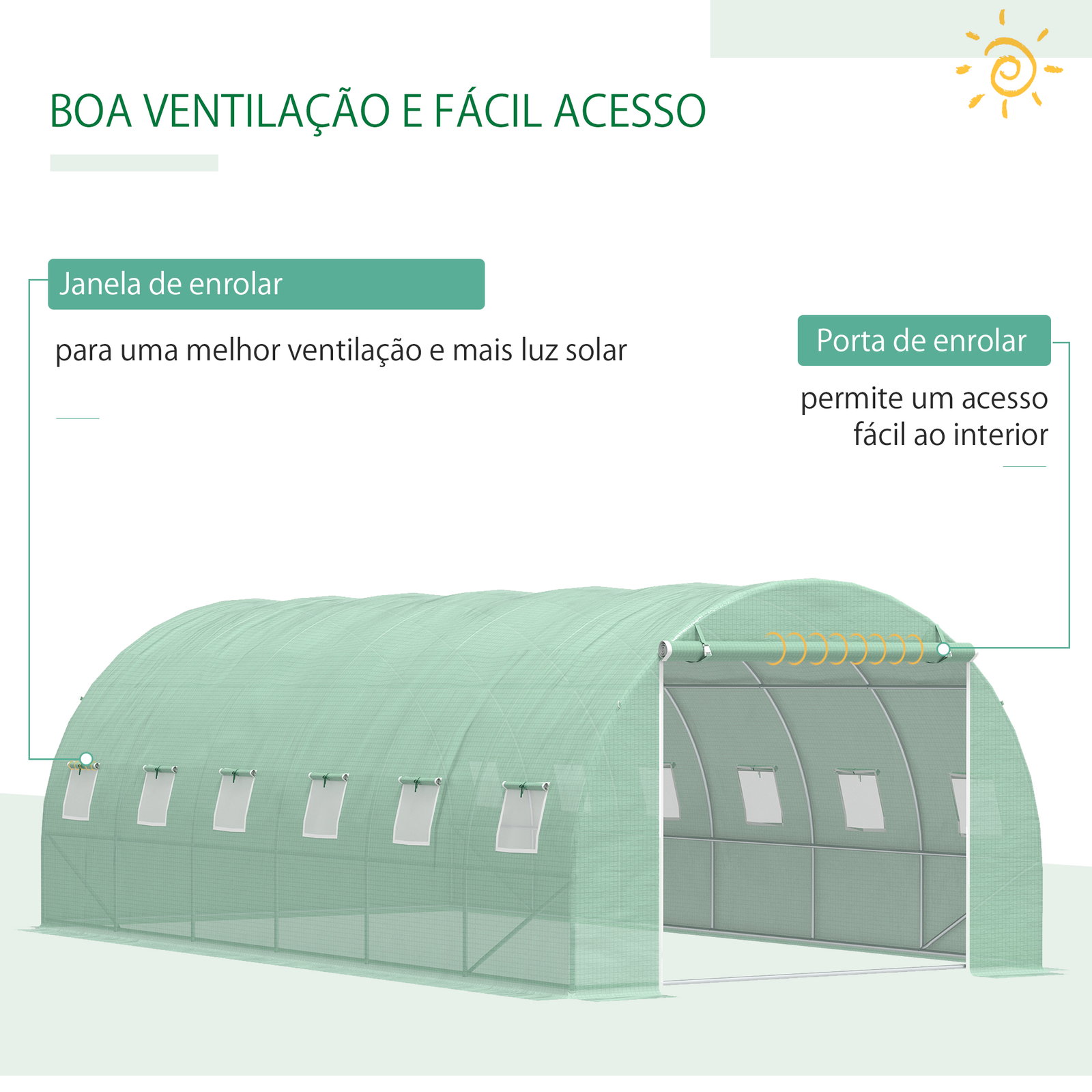 Estufa Tipo Túnel 600x300x200 cm com Porta 12 Janelas Cobertura de PE 140g/㎡ para Cultivo de Plantas e Verduras Verde
