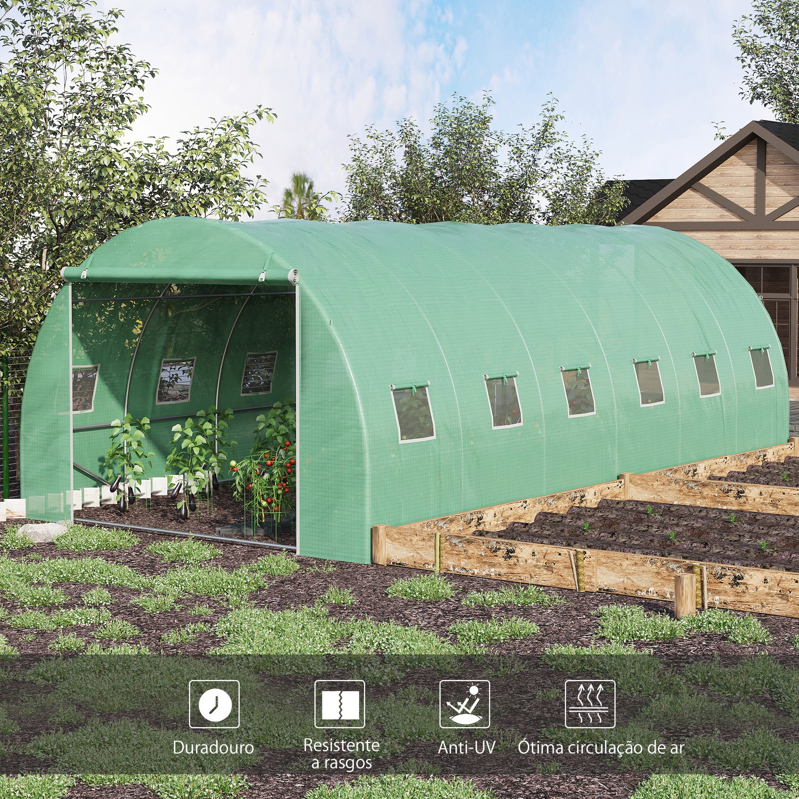 Estufa Tipo Túnel 600x300x200 cm com Porta 12 Janelas Cobertura de PE 140g/㎡ para Cultivo de Plantas e Verduras Verde