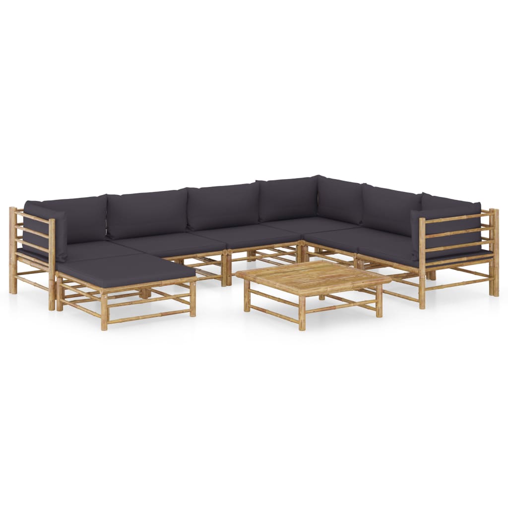 8 Pcs conj. lounge jardim em bambu c/ almofadões cinza-escuro