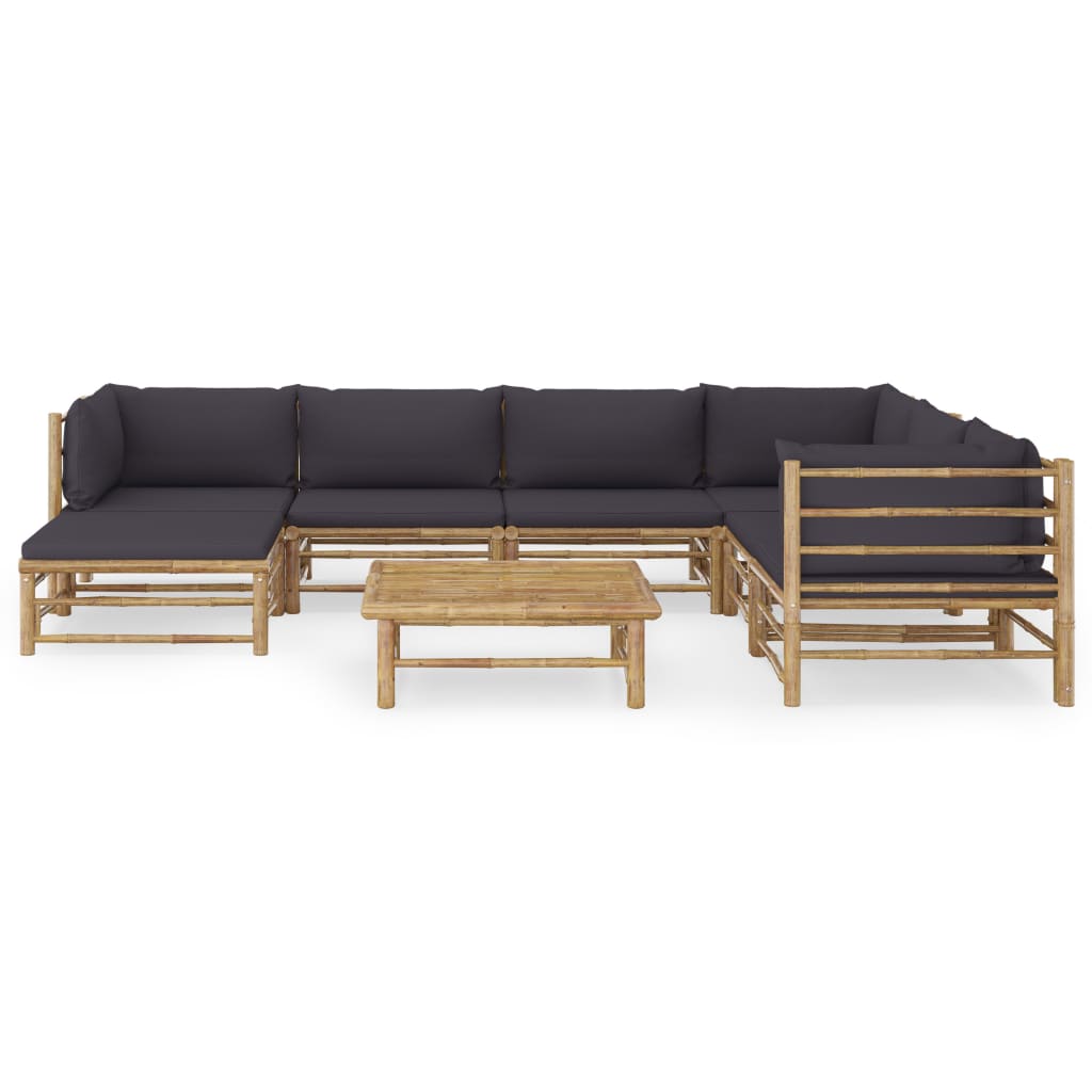 8 Pcs conj. lounge jardim em bambu c/ almofadões cinza-escuro