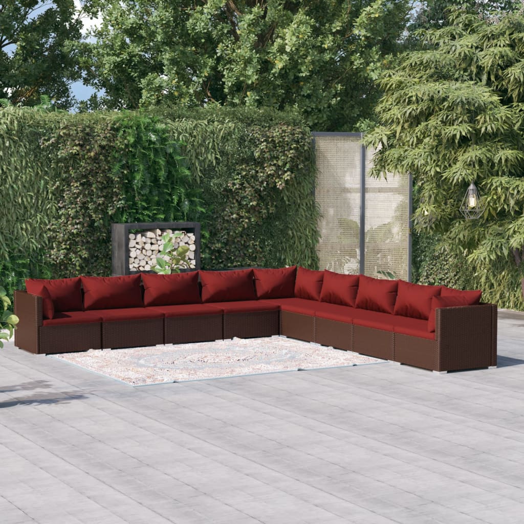 9 Pcs conjunto lounge jardim c/ almofadões vime PE castanho
