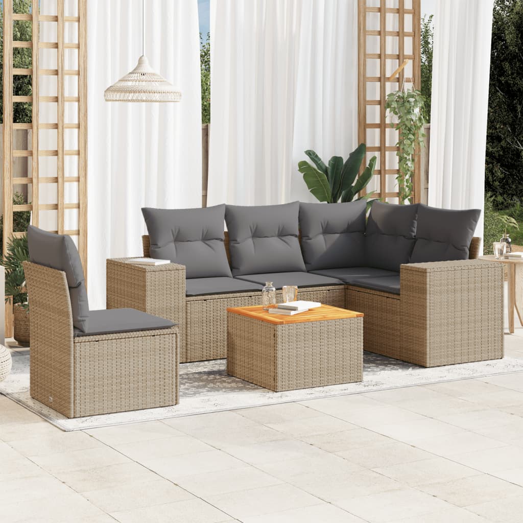 6 Pcs conjunto de sofás p/ jardim com almofadões vime PE bege