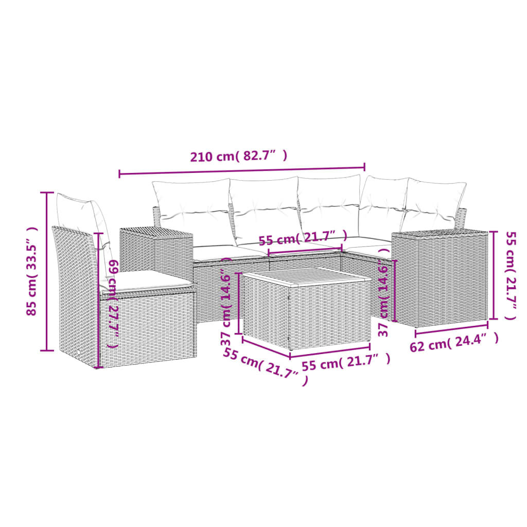 6 Pcs conjunto de sofás p/ jardim com almofadões vime PE bege