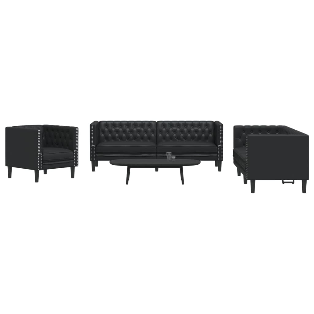 3 Pcs conjunto de sofás chesterfield couro artificial preto