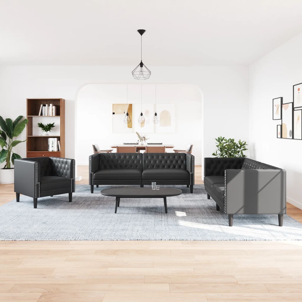 3 Pcs conjunto de sofás chesterfield couro artificial preto