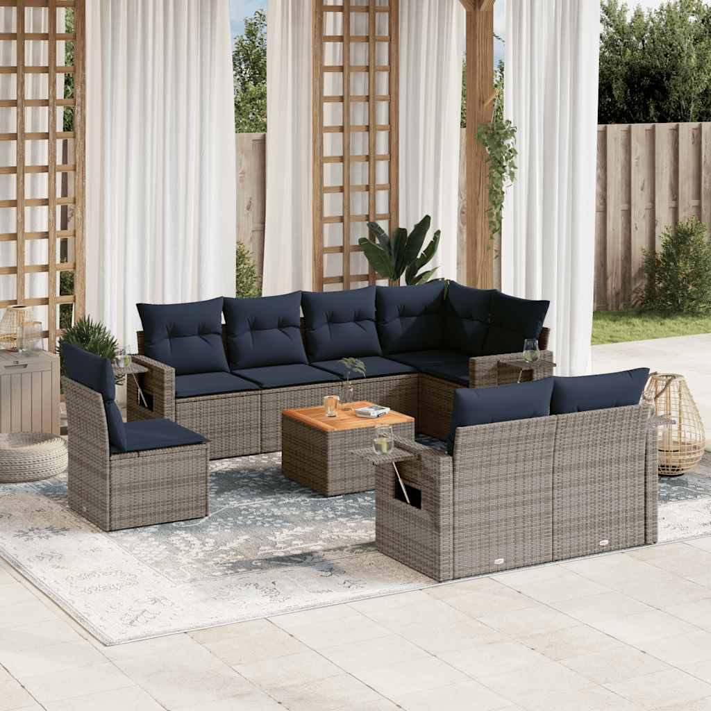 Conjunto de sofá de jardim de 9 peças com almofadas em rattan sintético cinza