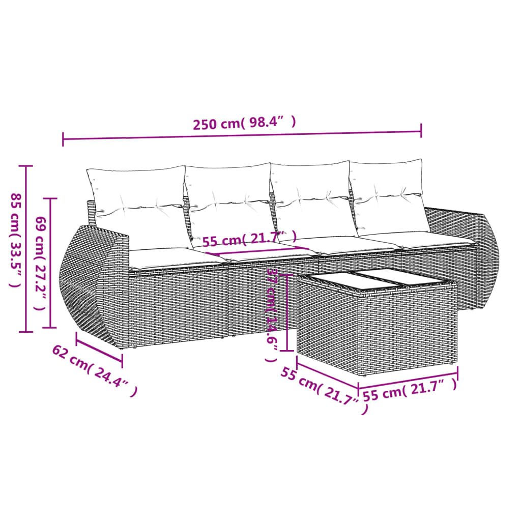 5 Pcs conjunto sofás de jardim com almofadões vime PE preto
