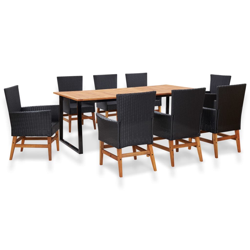 9 Pcs conjunto jantar exterior vime PE e madeira acácia preto