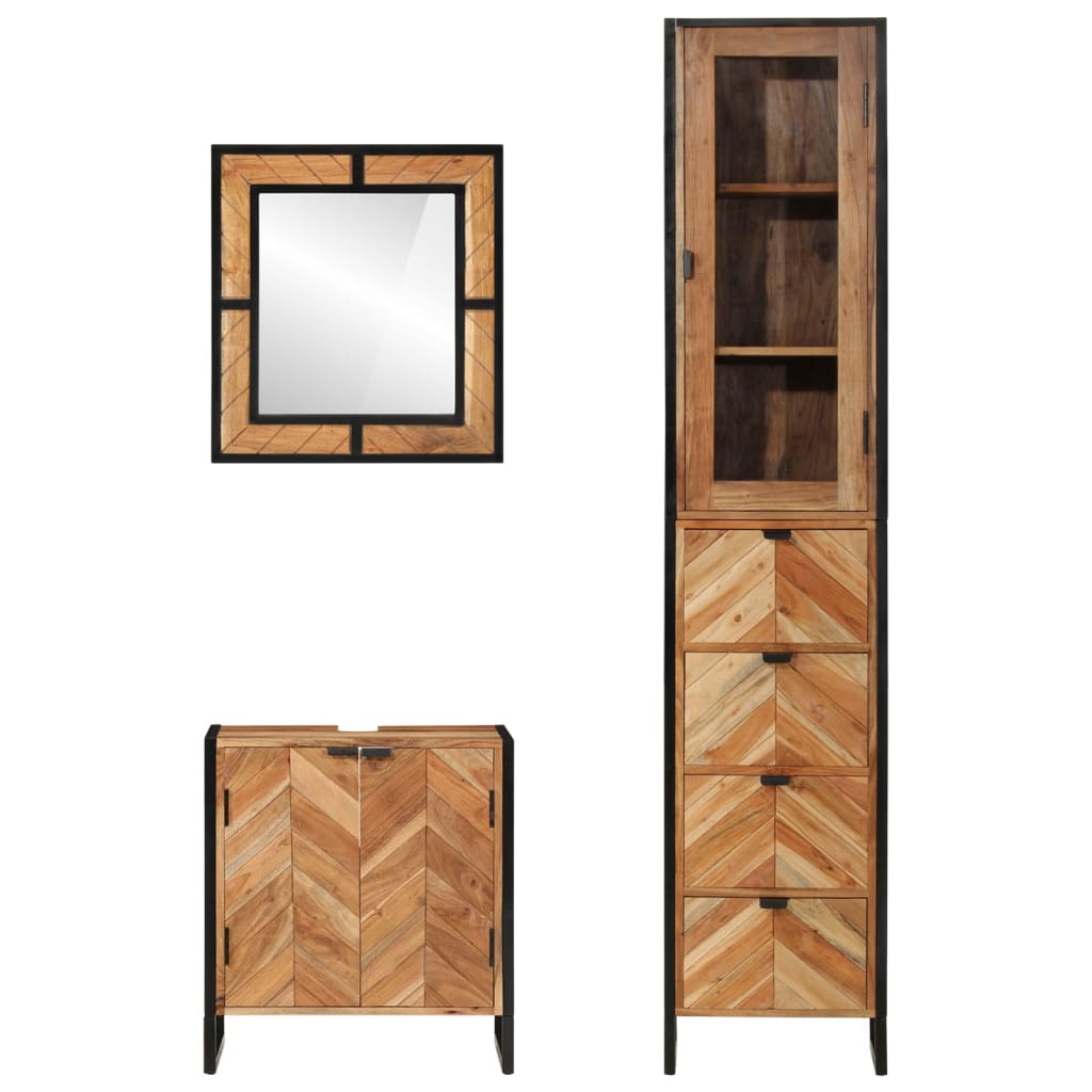 3 Pcs conj. móveis p/ casa de banho ferro e acácia maciça