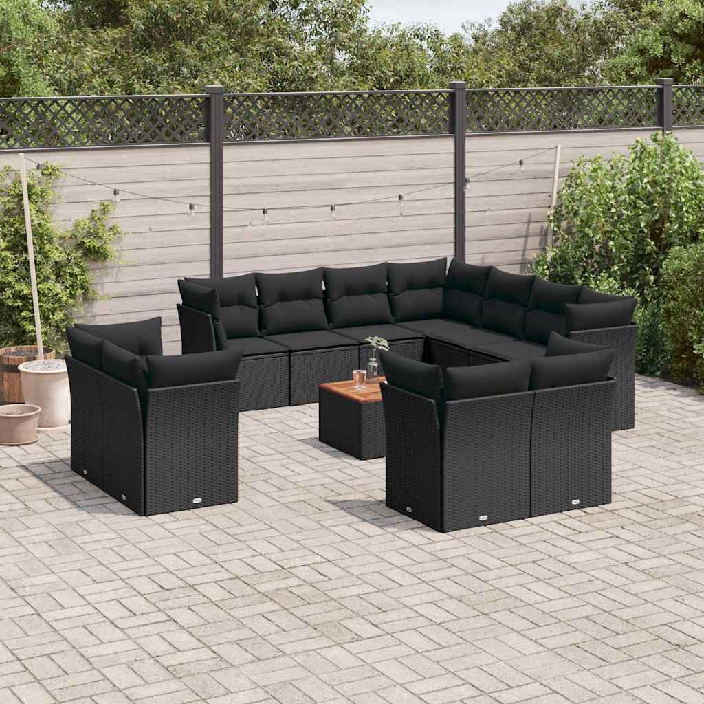 12 Pcs conjunto de sofás de jardim c/ almofadões vime PE preto