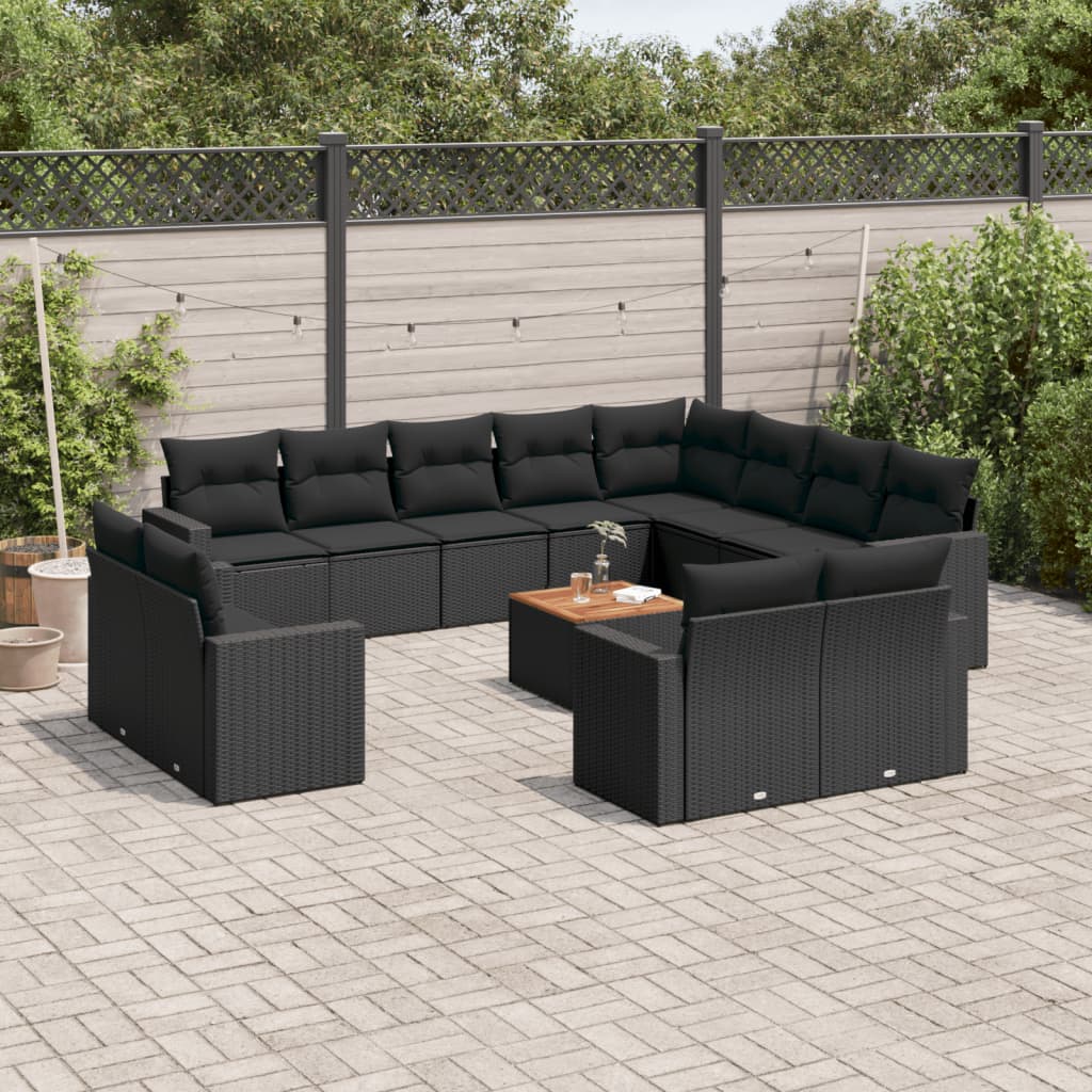 13 Pcs conjunto de sofás de jardim com almofadões vime PE preto