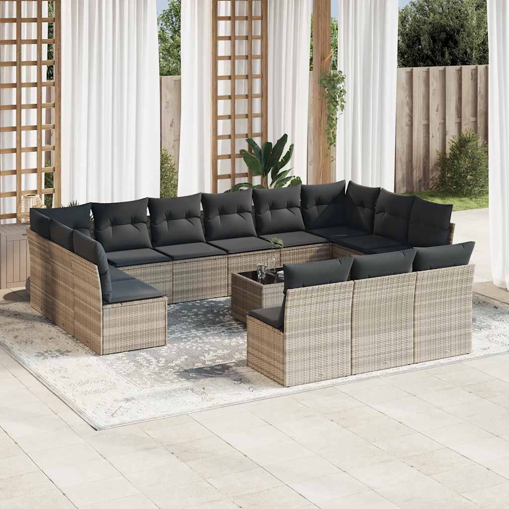 14 Pcs conj. sofás jardim com almofadões vime PE cinzento-claro