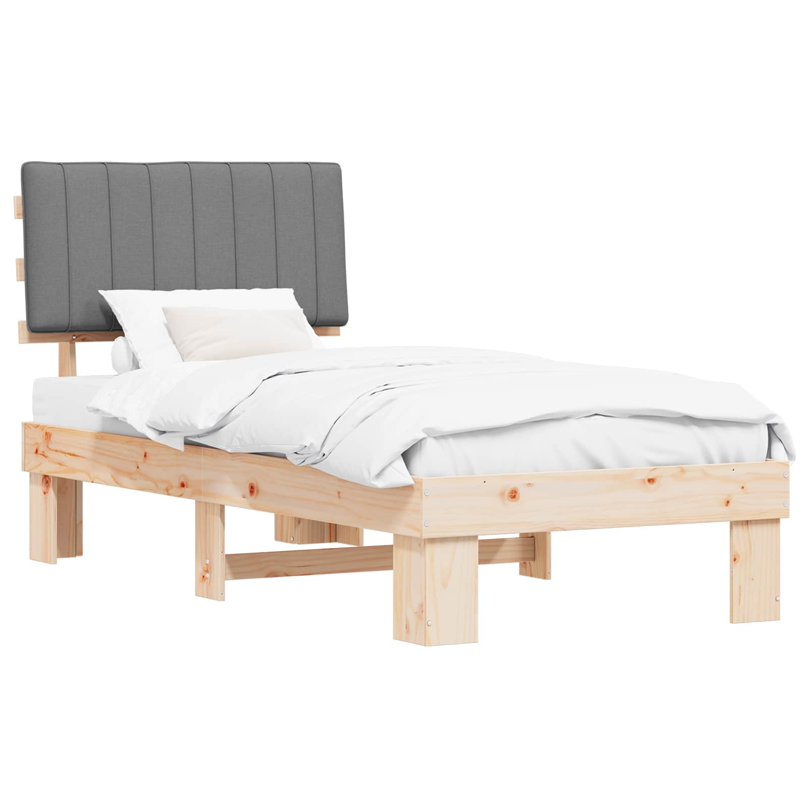 Estrutura de cama com cabeceira estofada cinzento-claro