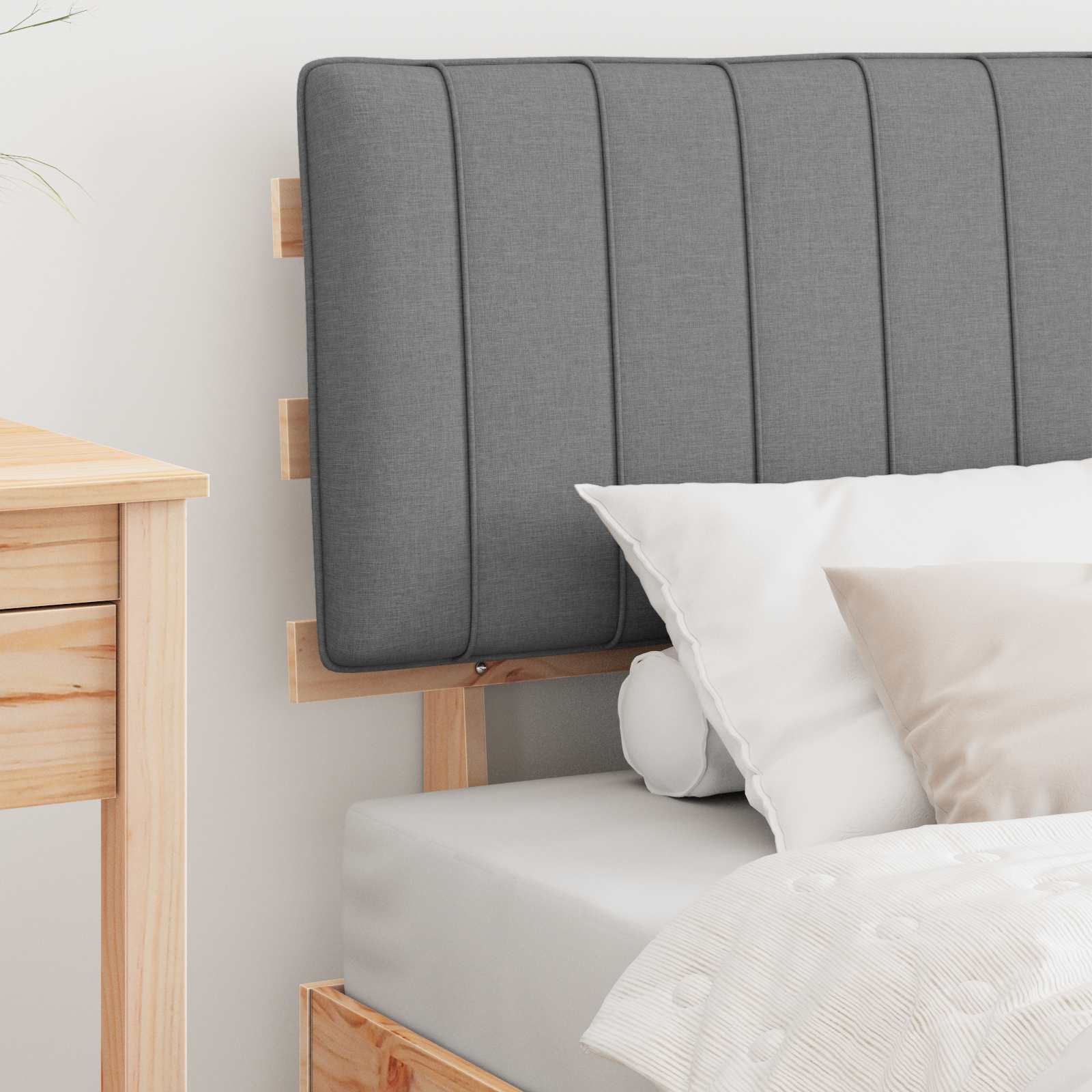 Estrutura de cama com cabeceira estofada cinzento-claro