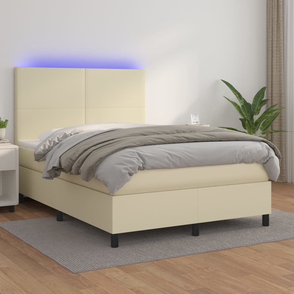 Cama box spring c/ colchão/LED 140x190cm couro artificial creme
