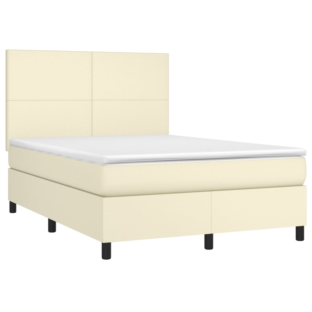 Cama box spring c/ colchão/LED 140x190cm couro artificial creme