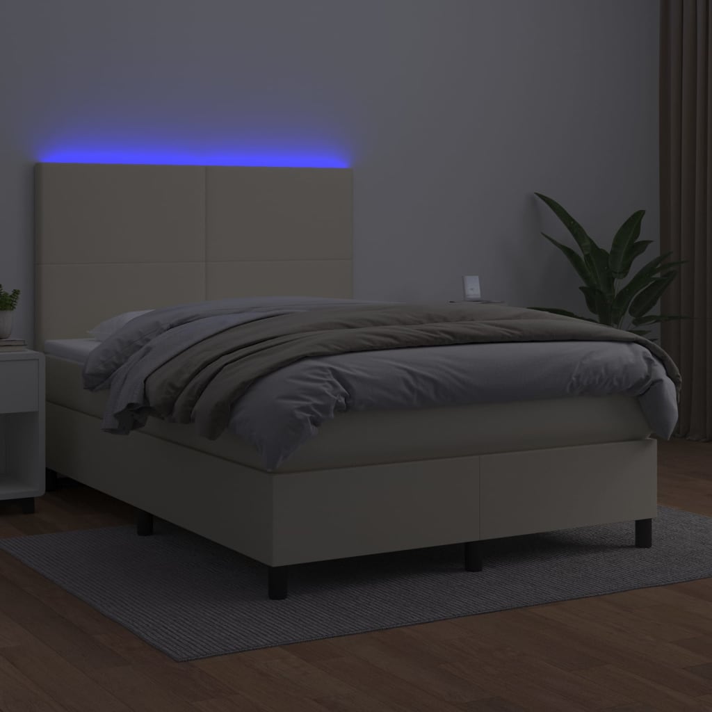 Cama box spring c/ colchão/LED 140x190cm couro artificial creme