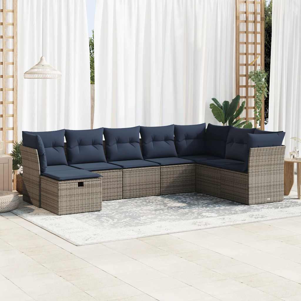 8 Pcs conjunto sofás de jardim c/ almofadões vime PE cinzento