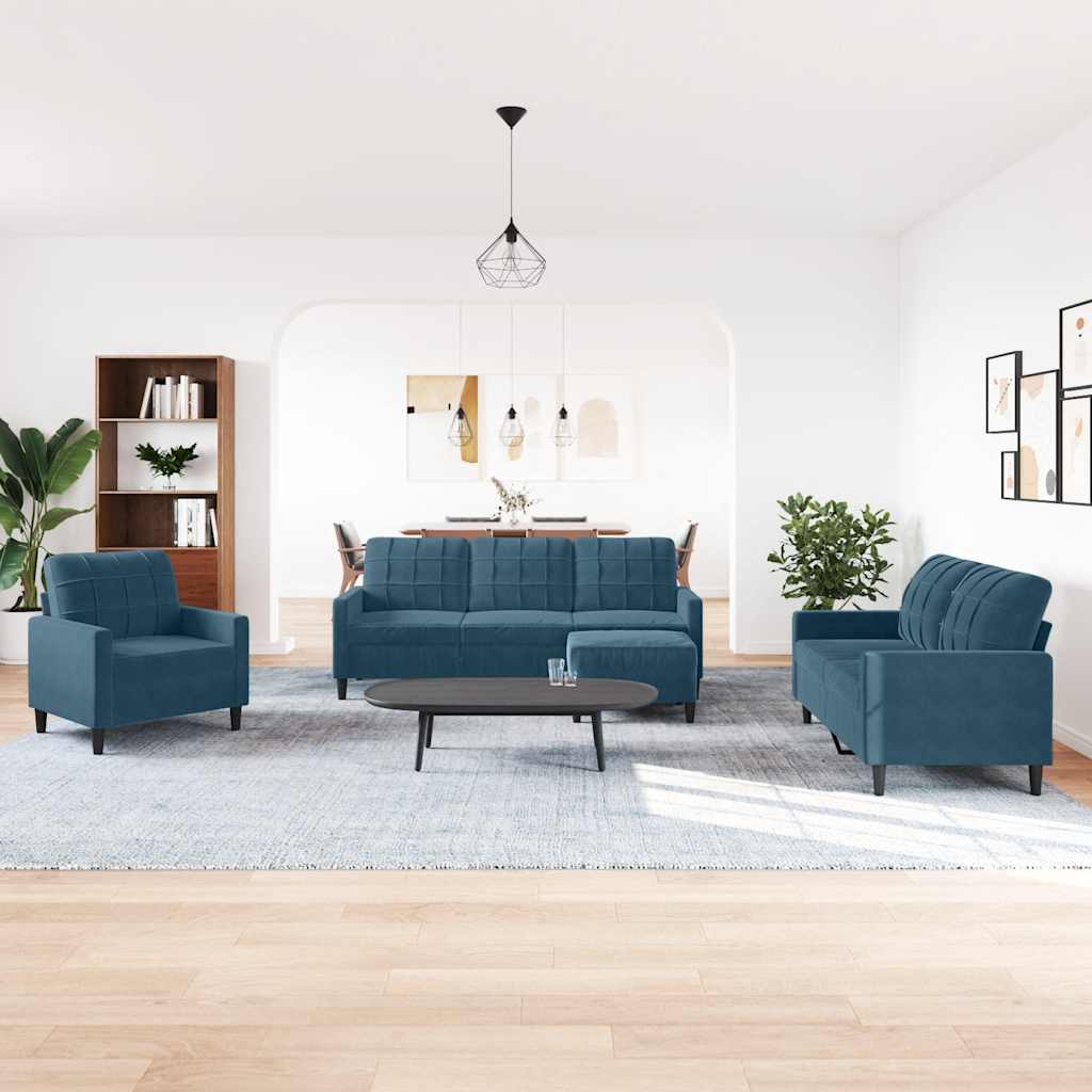 4 Pcs conjunto de sofás com almofadões veludo azul