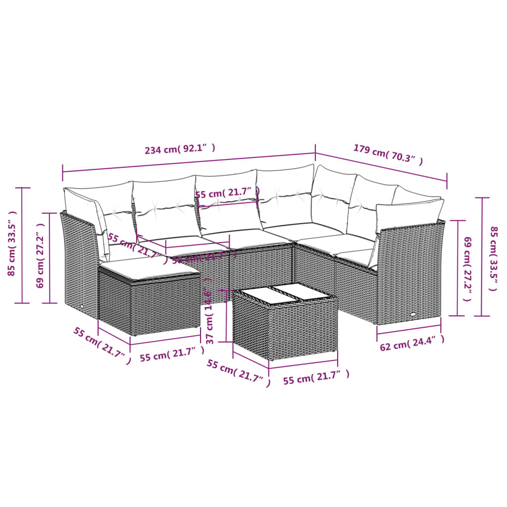8 Pcs conjunto sofás de jardim c/ almofadões vime PE cinzento